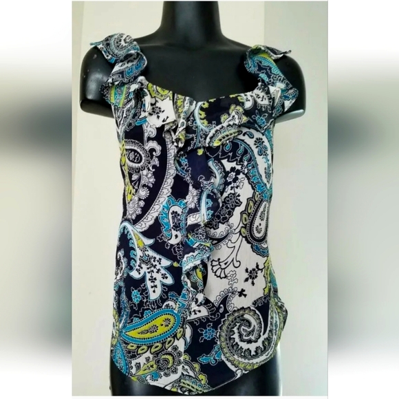 Liz Claiborne Black Blue Ruffle Paisley Cap Sleev Casual Dress Blouse Sz 6 Small - Picture 4 of 11